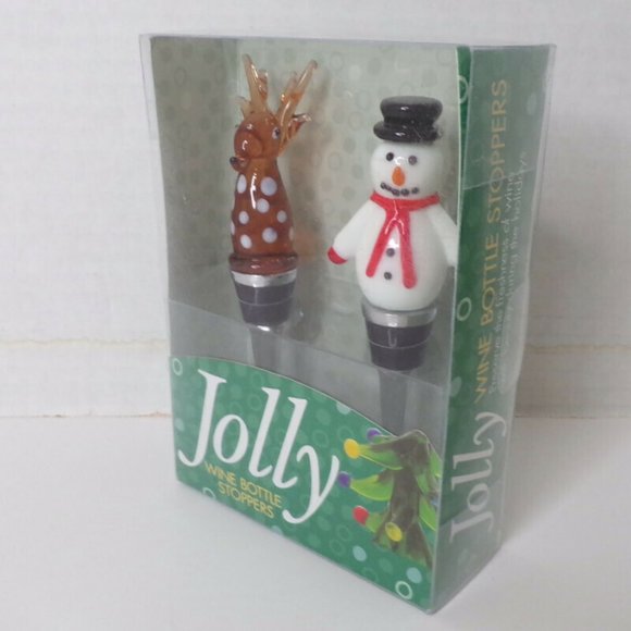 Jolly Wine Bottle Stoppers Art Glass Snowman and Reindeer. - Picture 2 of 5